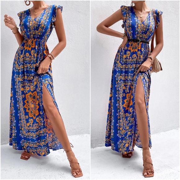 Boho Floral Print V neck Ruffle Sleeve Maxi Dress - Picture 2 of 9